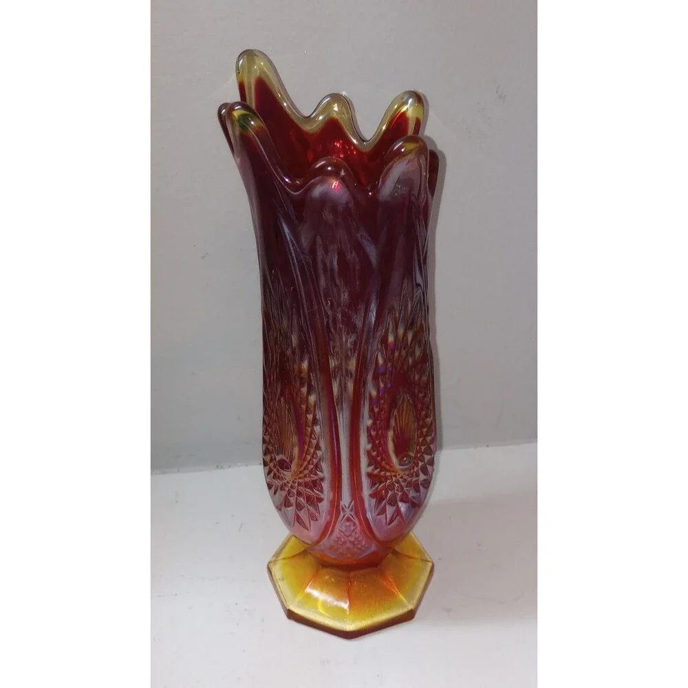 Vintage Indiana Glass Heirloom Pattern Amberina Swung Vase 8 Finger Massive GLOW
